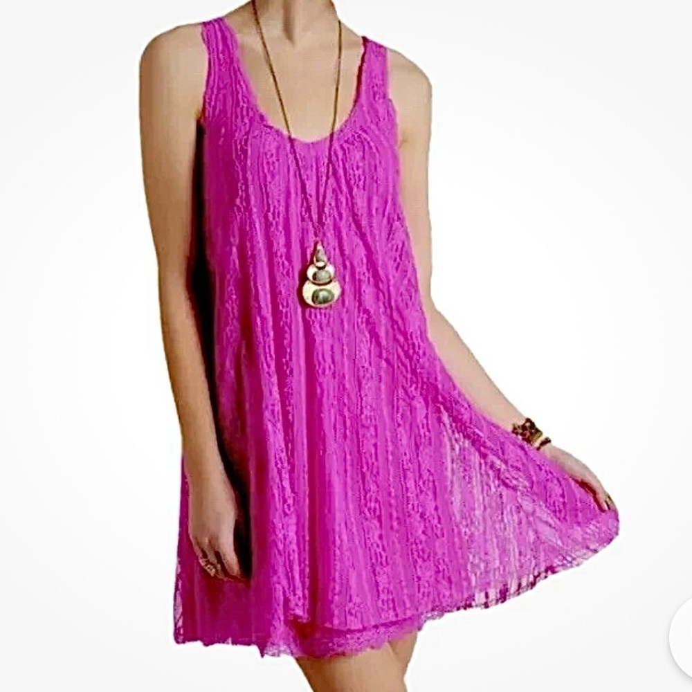 Free People Lace Tank Mini Dress Swing Hot Pink S sleeveless slip hippie summer